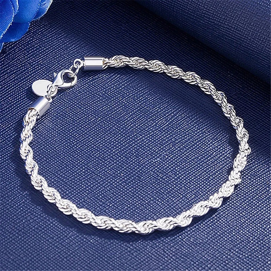 ALIZERO 925 Sterling Silver 4mm Rope Chain Bracelet Unisex Men Women Classic