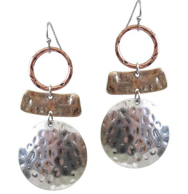 Hammered Round Disc and Bar Dangle Earrings Silver Gold Copper