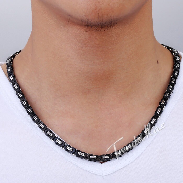 For Men Unisex Chain Black Silver Stainless Steel Flat Byzantine Link Necklaces