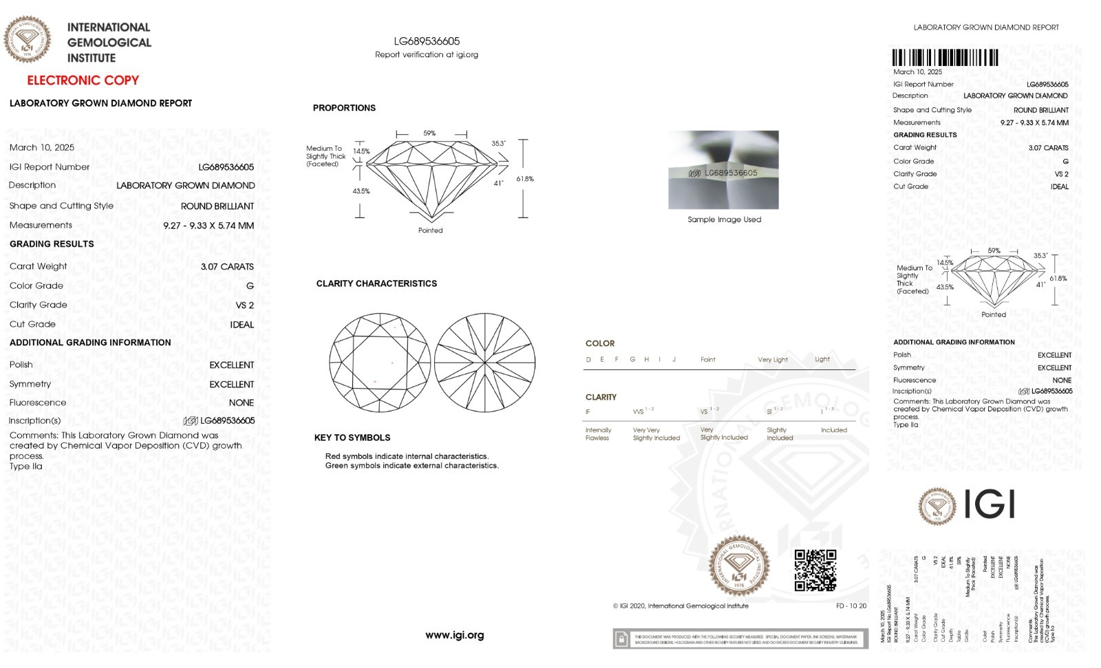 ROUND Cut 3.07 Cts G Color VS2 Clarity IGI Certified Lab Grown CVD Diamond