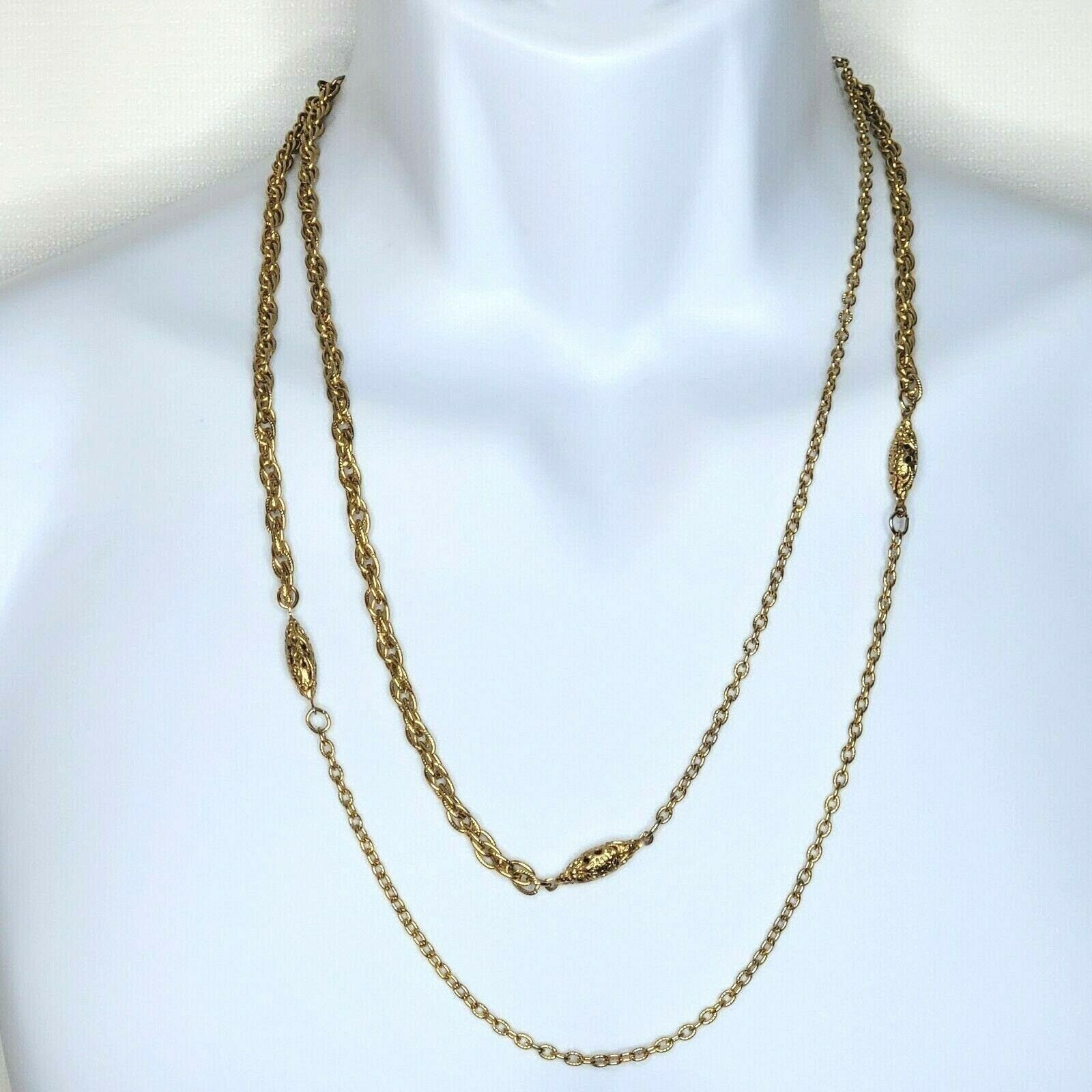 Twisted Rope Chain Single Strand Necklace 53″ Long with Gold Tone Cylinder Beads