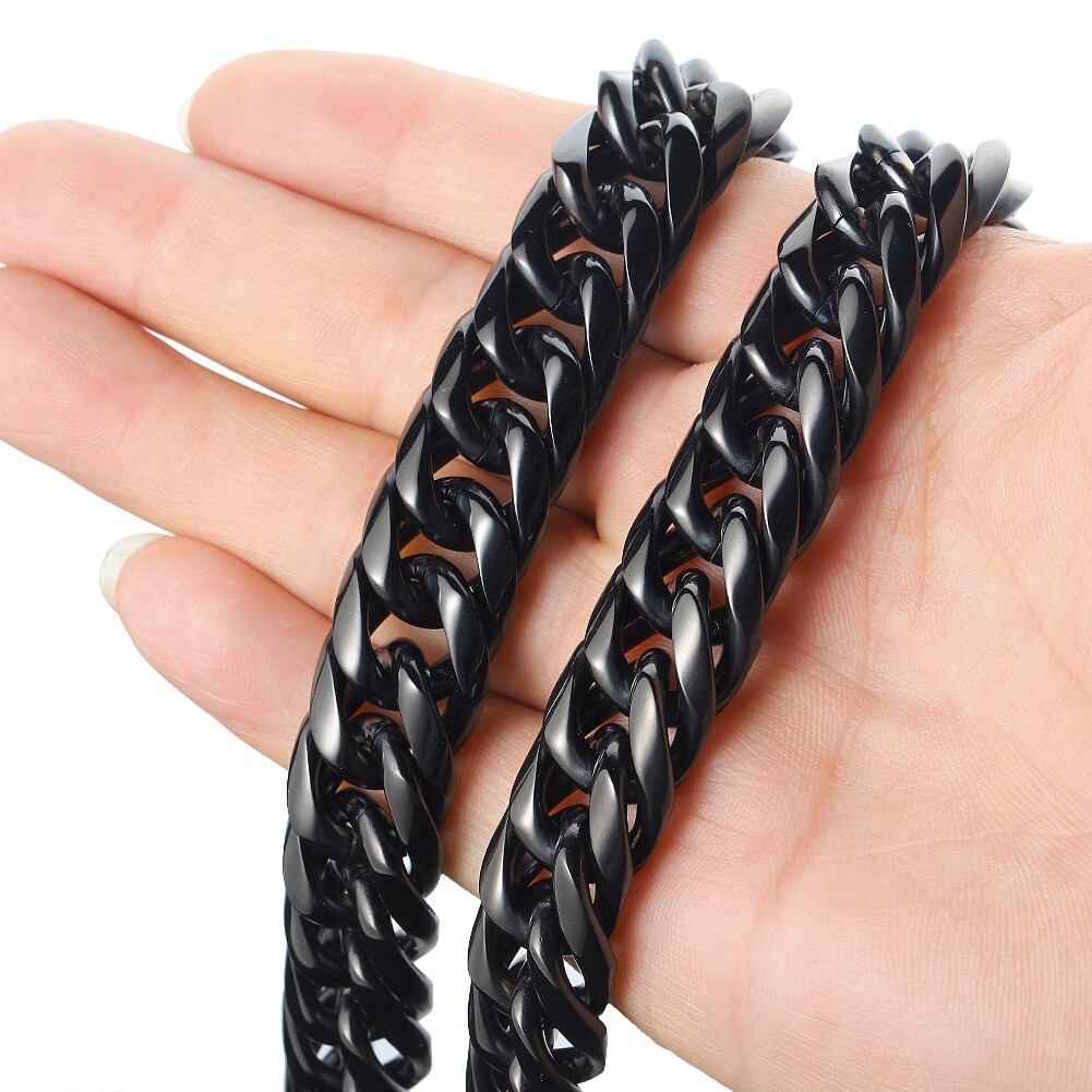 11mm/13mm Black Stainless Steel Cuban Link Chain Necklace 16inch-40inch for Men