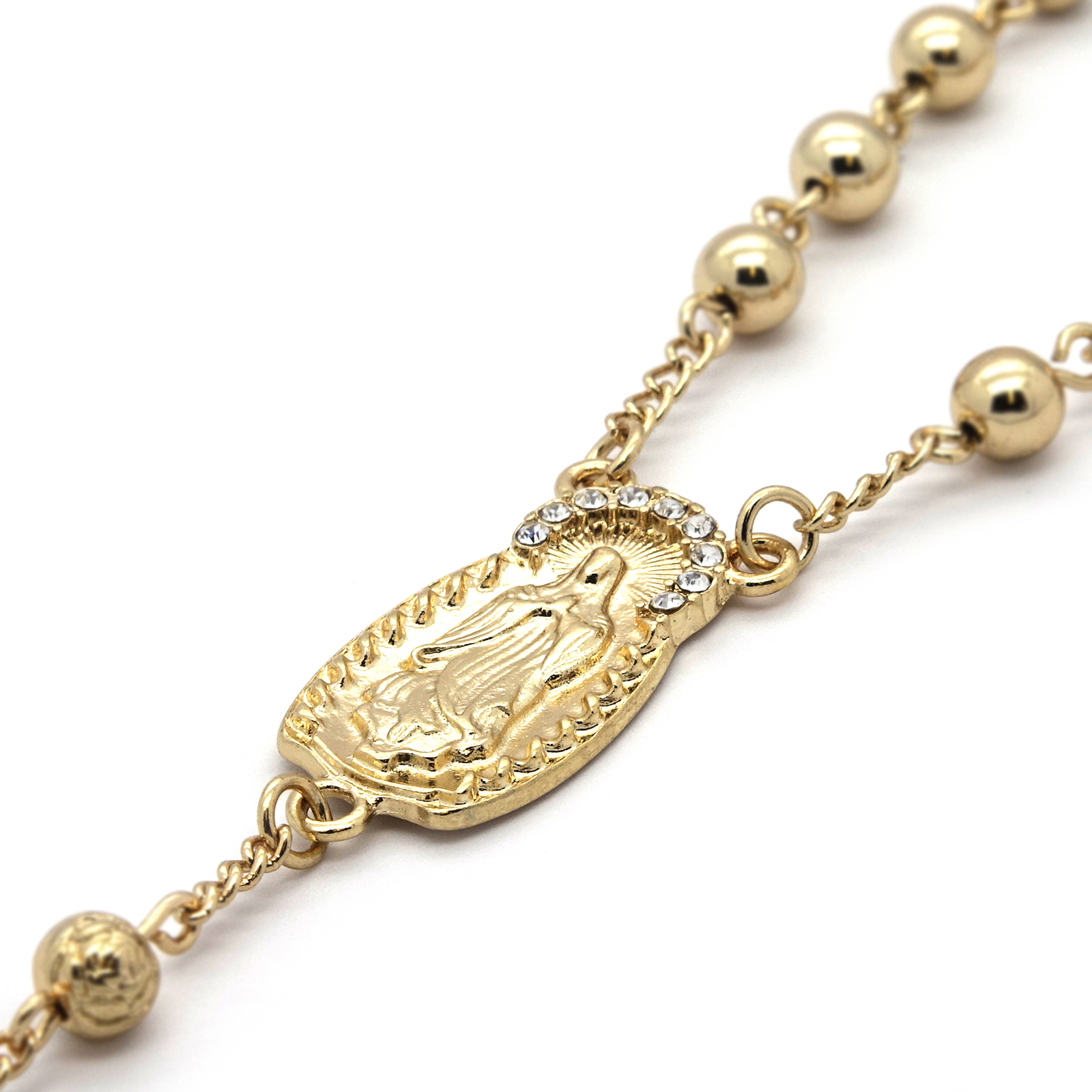 Cubic-Zirconia 5mm GOLD Plated Beads 14k (Guadalupe) Rosary & Jesus Cross Men’s