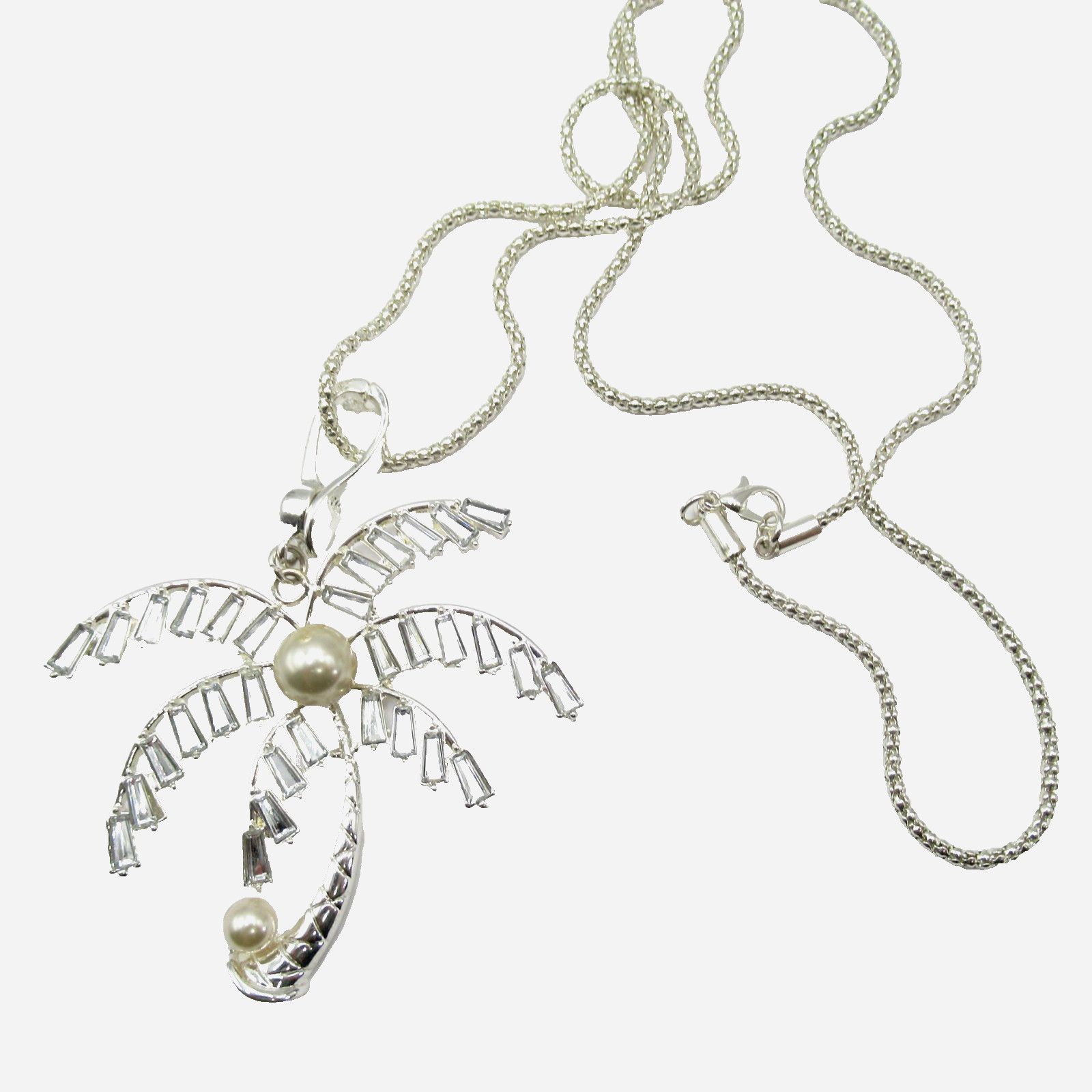 Silver tone Palm Tree w Faux Rhinestones and Faux Pearl Necklace Modern