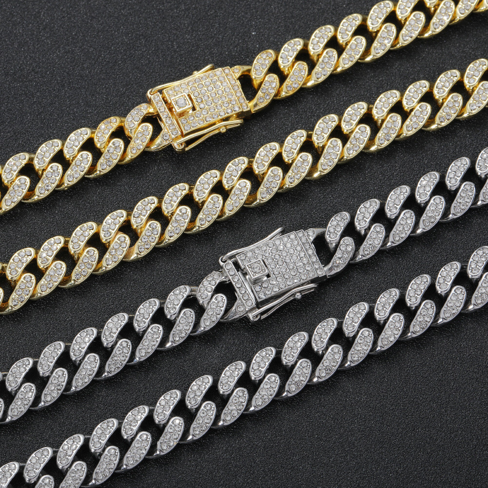 12MM Gold Plated Iced CZ Out Cuban Chain Set Classic Cuban Link Chain/Necklace