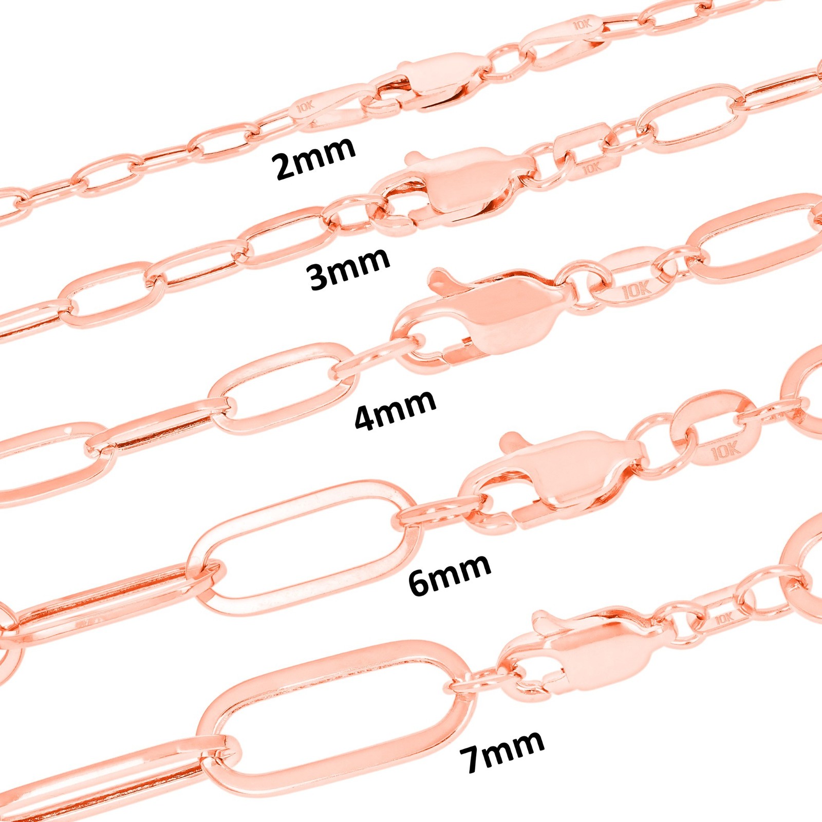 10k Rose Gold Paperclip 2mm-7mm Chain Cable Bracelet Mens Womens 7″ 7.5″ 8″