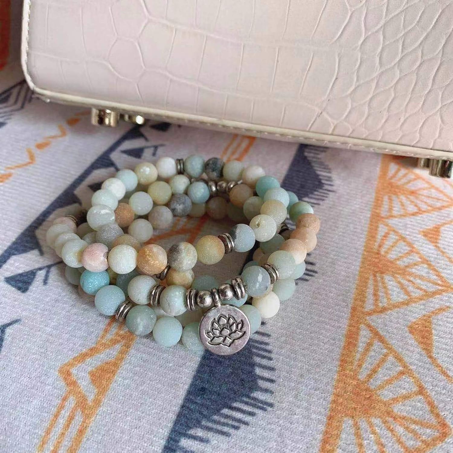 8mm 108 Mala Beads Bracelet Necklace Lotus Charm Amazonite Gemstone Yoga Jewelry
