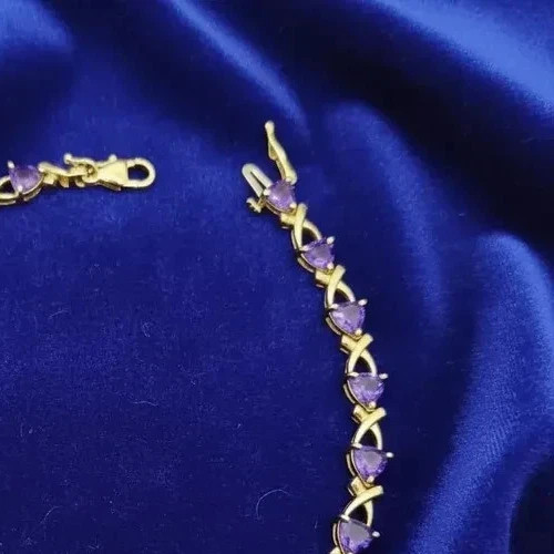 8.68 Ct Trillion Cut Natural Amethyst Tennis Bracelet 14K Solid Yellow Gold