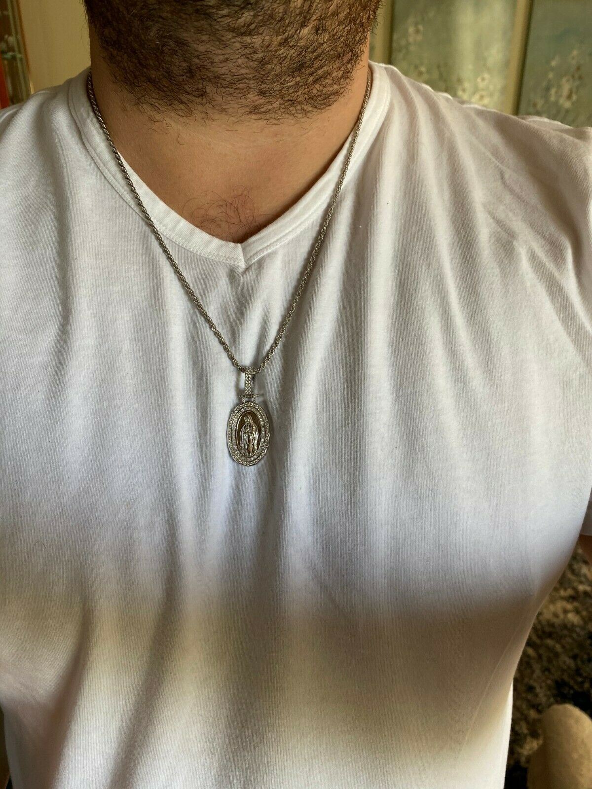 925 Sterling Silver Virgin Mary Necklace Pendant CZ Medallion Icy Chain Baguette