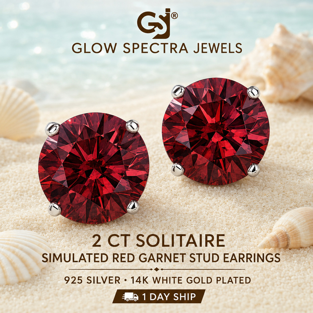 2.00CT Solitaire Red Garnet Stud Erring 925 Silver 14k White Gold Plated