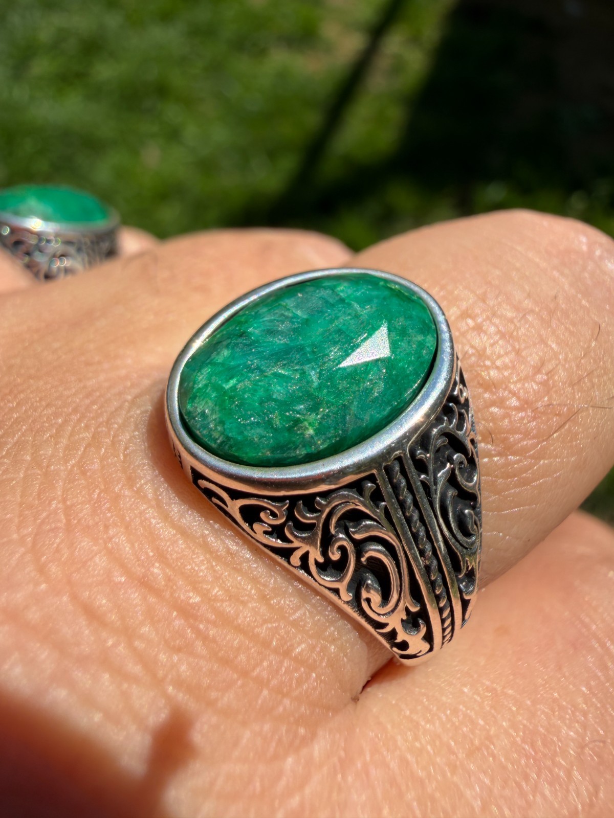 Real Columbian Green Emerald Stone Mens Solid 925 Silver Ring – Oxidized Vintage
