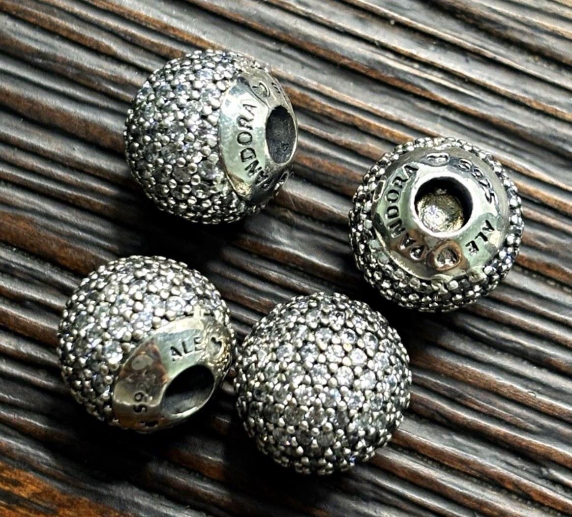 Name Brand S925 ALE Silver Pavé Round Large Hole Charm Beads CZ Lot of 4