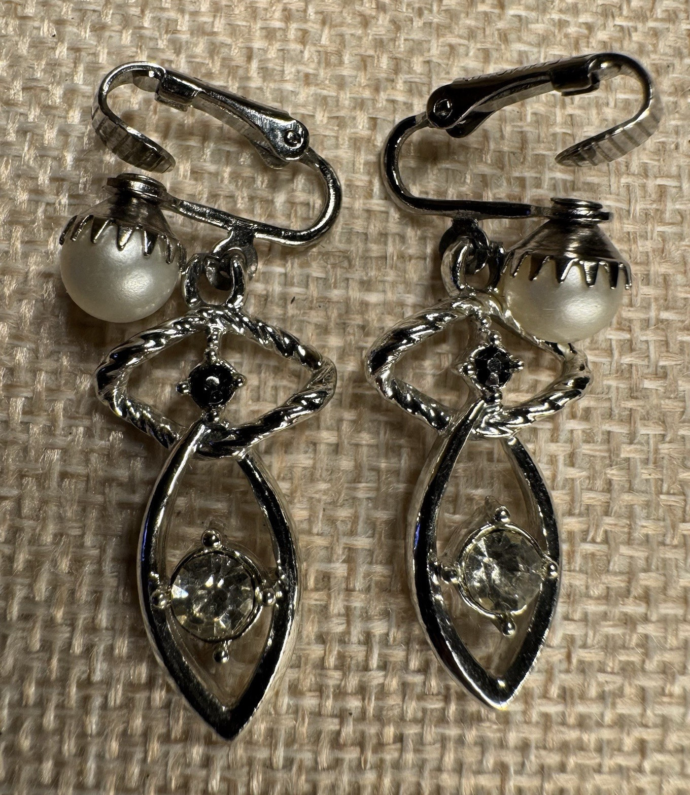 Vintage Silver Tone Signed Dangle Leverback Earrings Faux Pearl & Clear Crystal