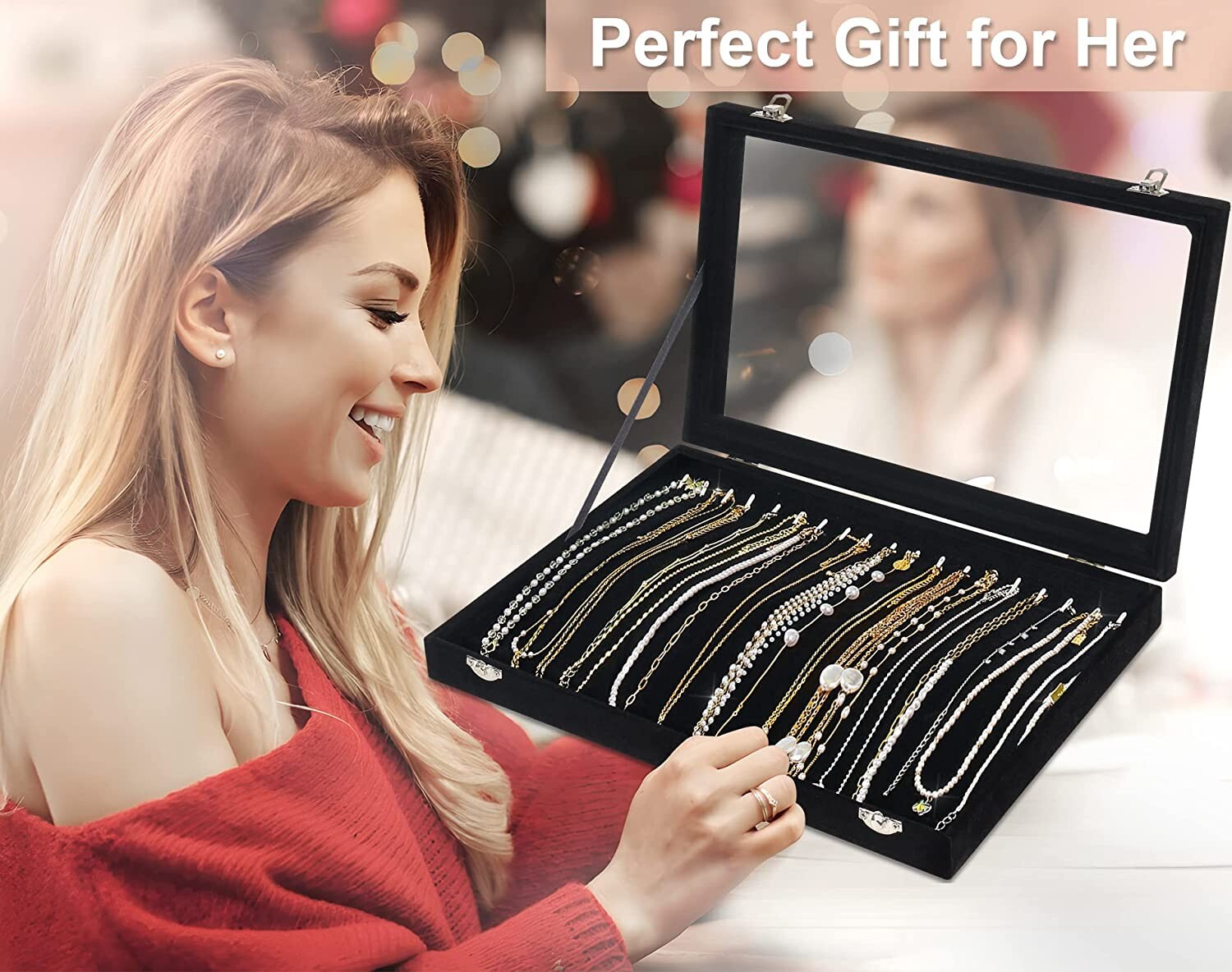 Black 20 Hooks Velvet Necklace Organizer Box Necklace Holder Tray with Clear Lid