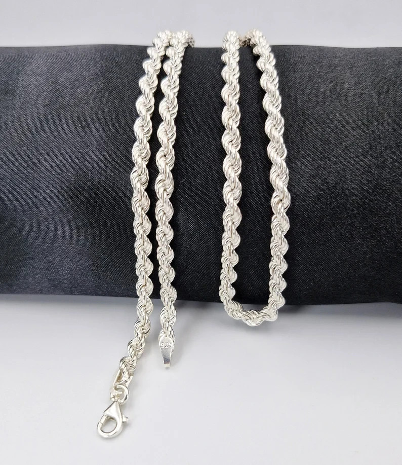 925 Sterling Silver Rope Chain Necklace Bracelet 3-10mm Diamond Cut Rhodium