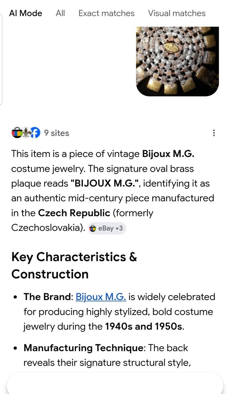 Bijoux M.G. Czech Republic 1940-1950 Antique Necklace,16″, 3″Crystal Medallion