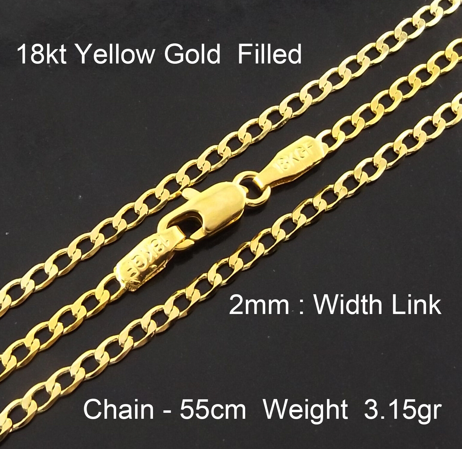 Necklace Real 18Kt Yellow Gold Filled Solid 2mm Curb Cuban Chain 55 cm : 22 inch