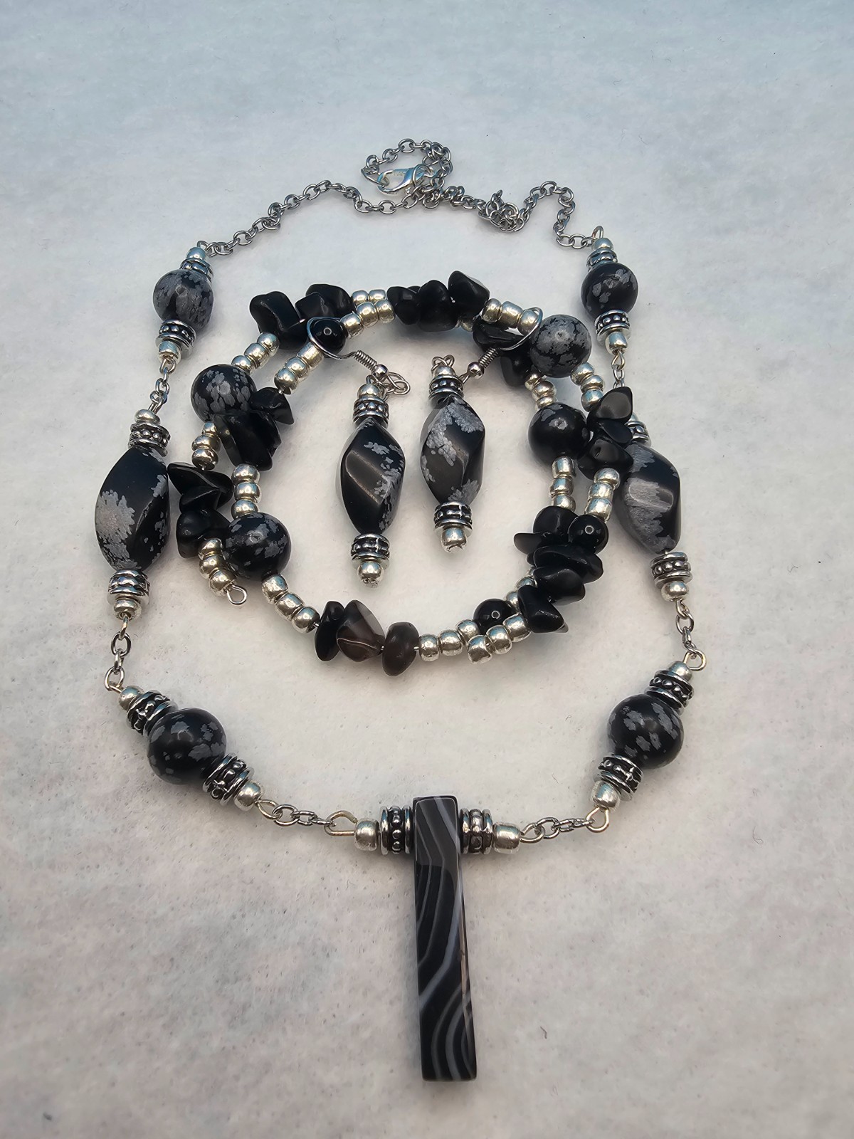 Snowflake Obsidian Jewelry Set Stone Glass Stainless Steel Handmade