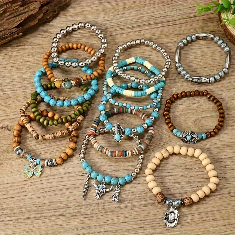15pcs Bohemian Style Wooden Bead Bracelet Set Multi-Layer Stretch Bead Bracelet