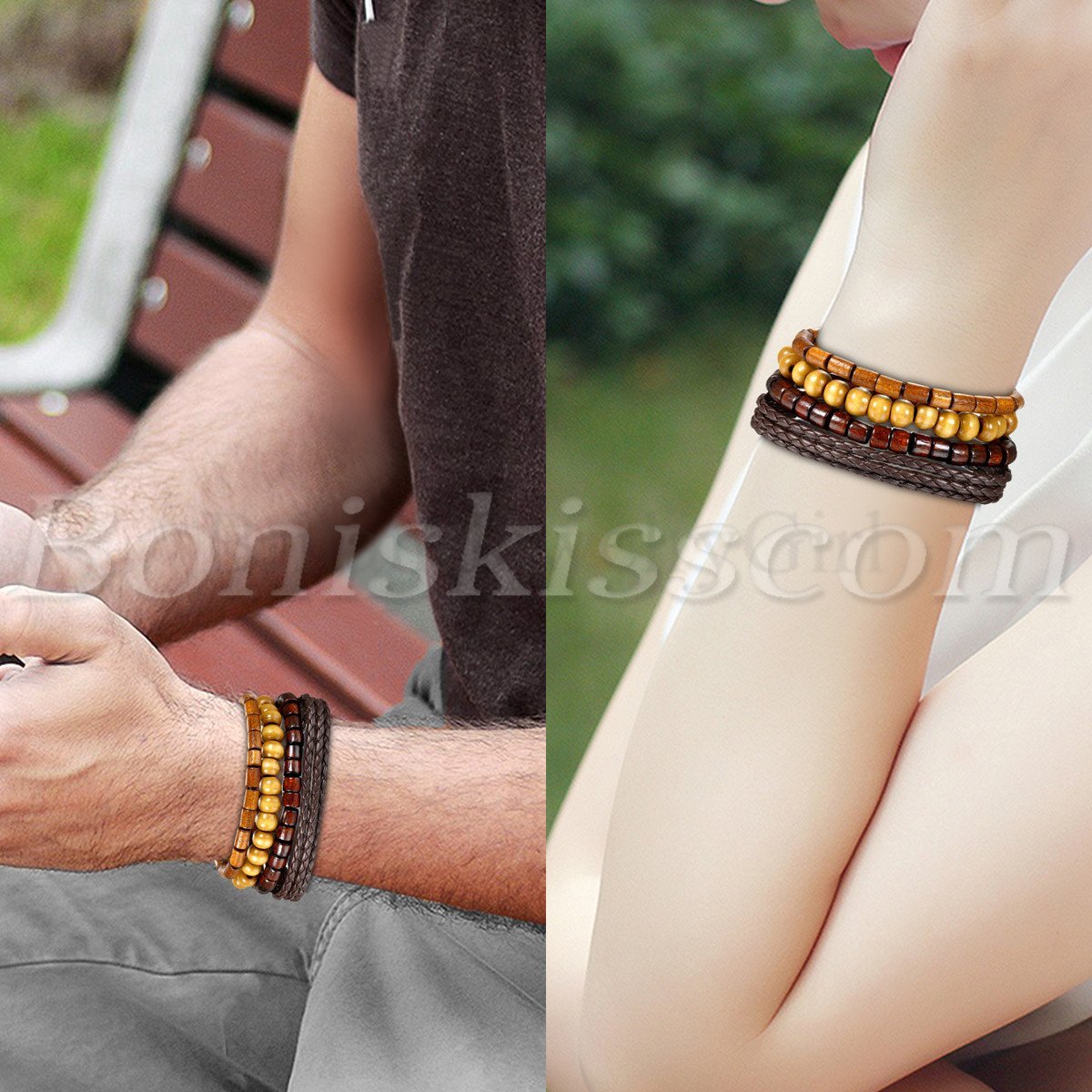 4pcs Men Women Handmade Retro Brown Leather Beaded Bracelet Cuff Set Adjustable
