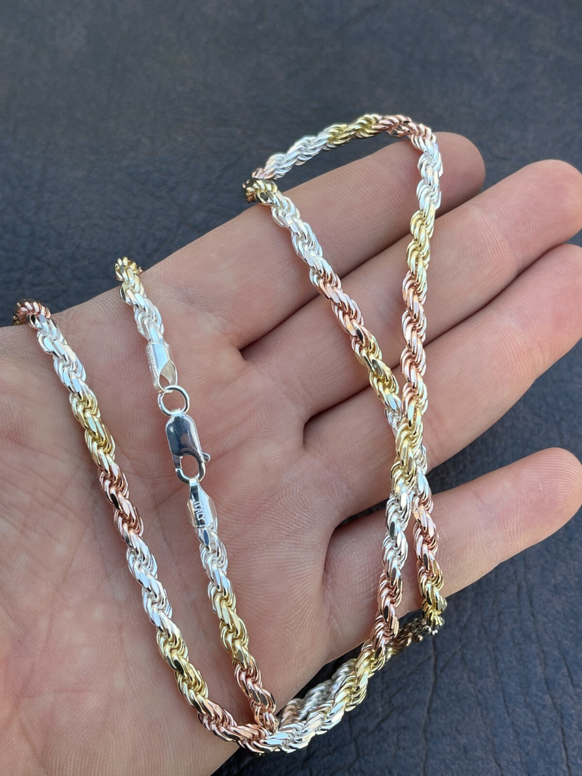 Solid 925 Silver & Yellow Rose Gold Plated Tri Color Rope Chain Necklace 2-5mm