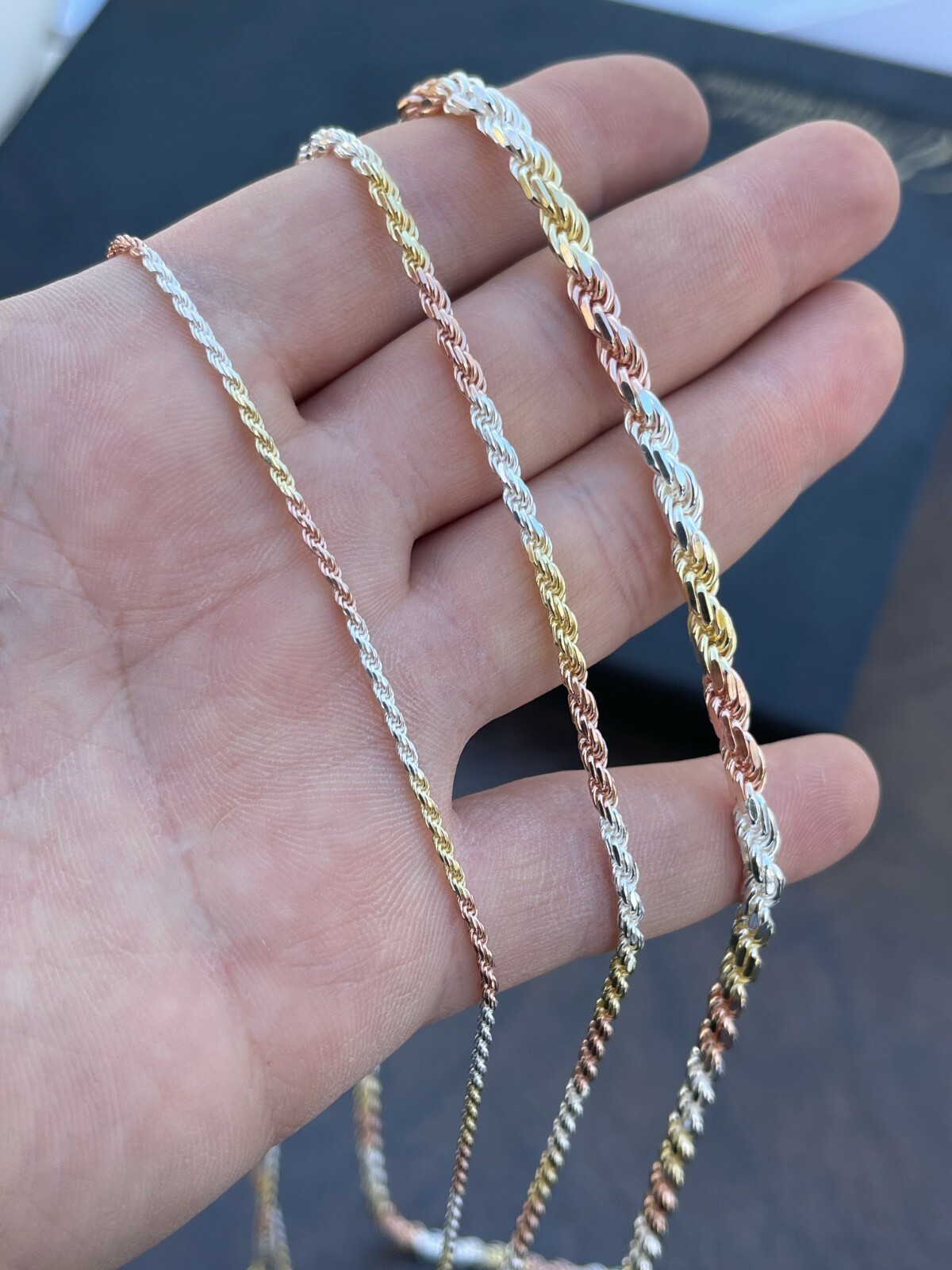 Solid 925 Silver & Yellow Rose Gold Plated Tri Color Rope Chain Necklace 2-5mm
