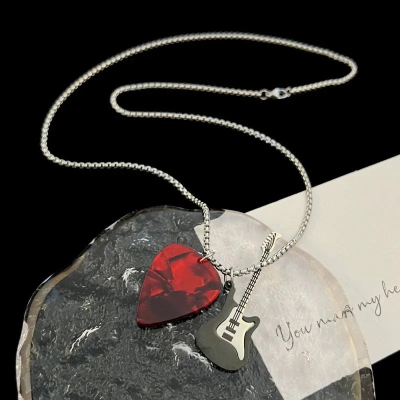Hip-hop Guitar Pick Necklace Titanium Steel Trendy Guitar Pendant Chain Punk Vin