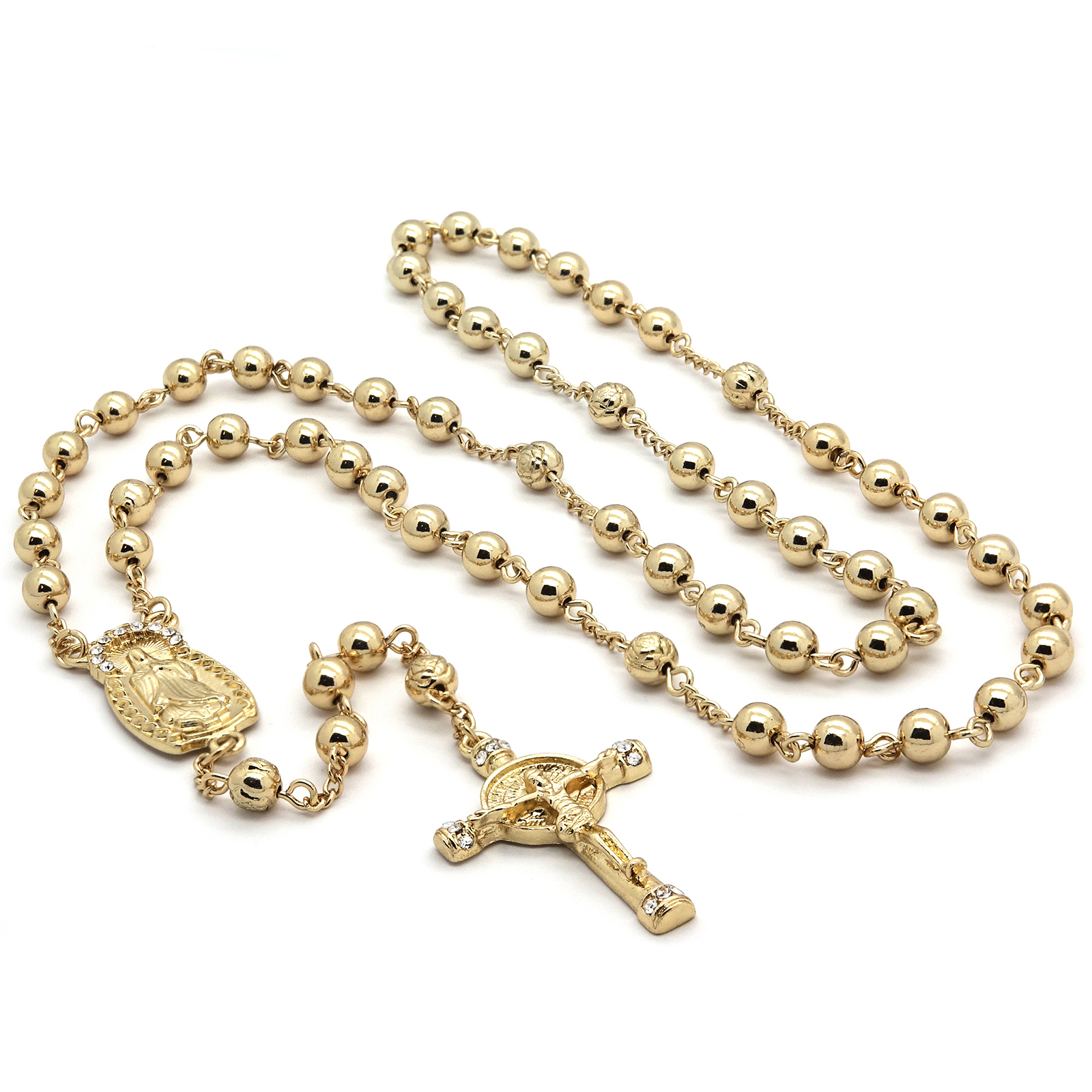 Cubic-Zirconia 5mm GOLD Plated Beads 14k (Guadalupe) Rosary & Jesus Cross Men’s