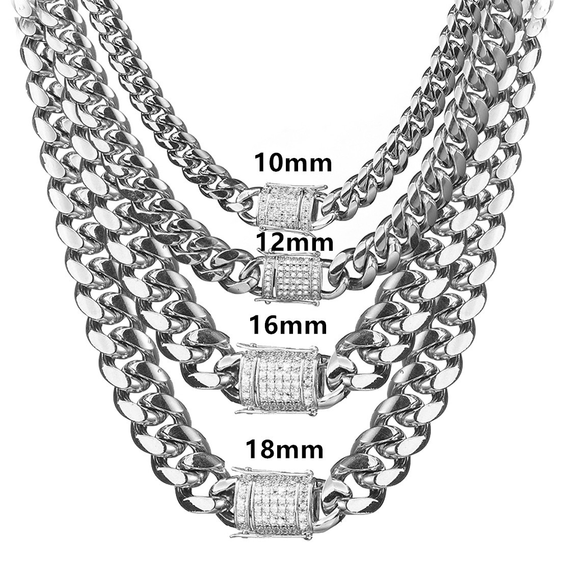 Miami Cuban Link Chain Necklace Rhinestone Clasp 18K Gold Plated Stainless Steel