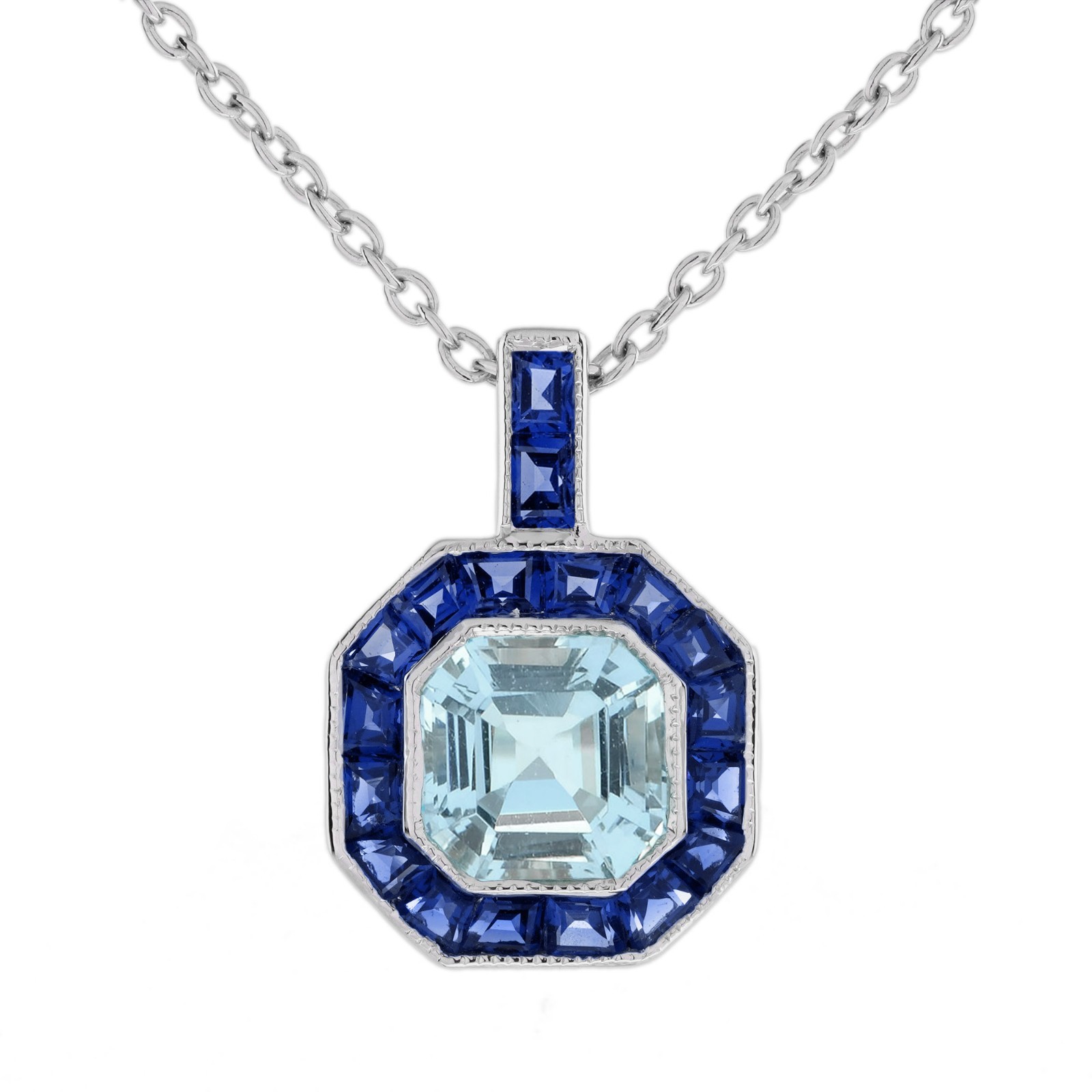 14K White Gold Aquamarine Blue Sapphire Jewelry Set Necklace Stud Earrings