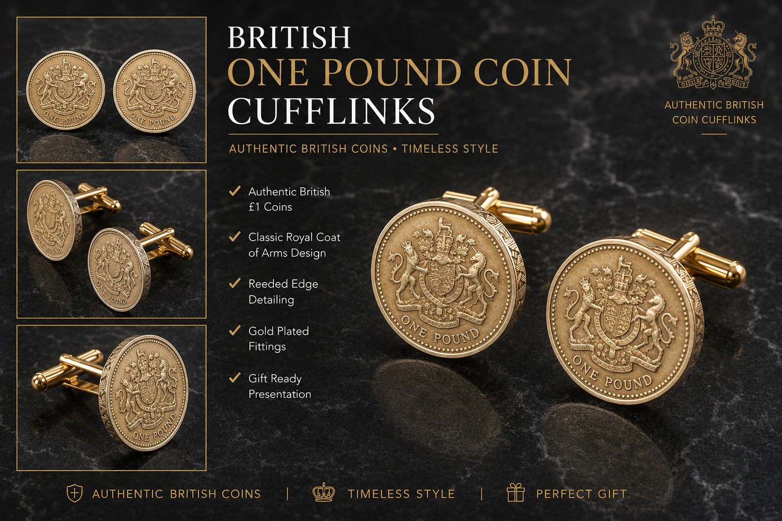 Vintage British One Pound Coin Cufflinks – Royal Coat of Arms – Handmade UK Coin