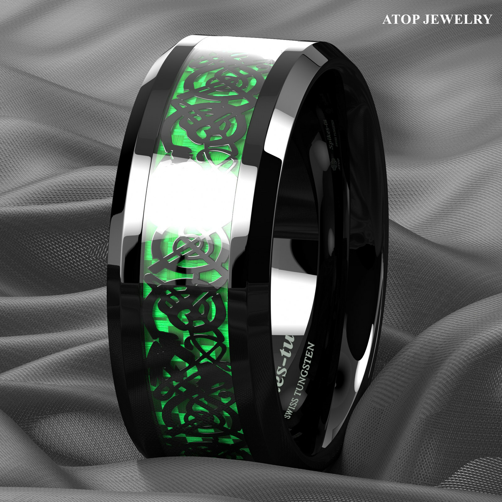ATOP 8/6mm Men Black Green Tungsten Ring Wedding Band Celtic Dragon Carbon fiber