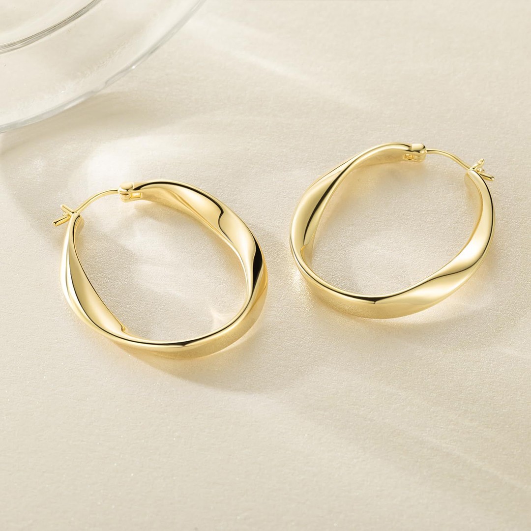 14K 25/30MM Gold Hoop Earrings for Women Large Earring Thick Hoop Twisted Wave