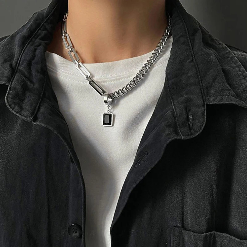 Hip Hop Stainless Steel Cross Necklace for Women Men Punk Double Layer Splicing