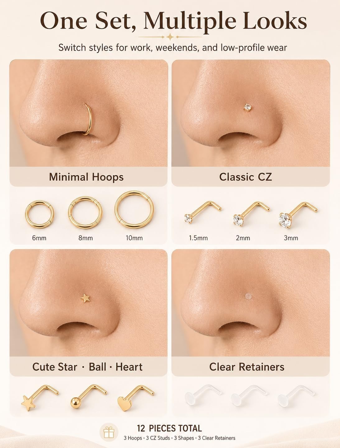 Fashion-Forward 12PC Gold Plated Nose Rings and Studs – Perfect for All Styles