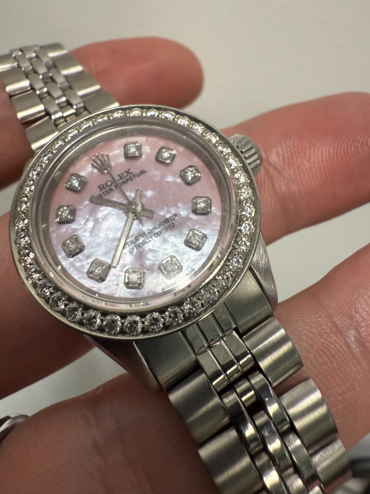 Rolex Ladies Oyster Perpetual Pink MOP Diamond Dial Diamond Bezel Jubilee Band