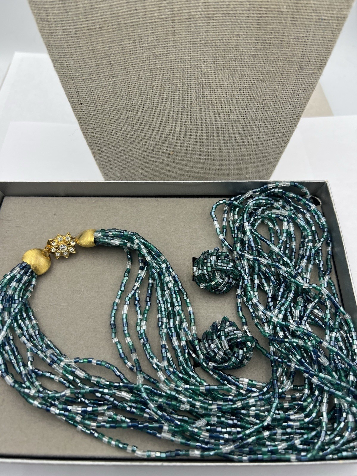 Vintage Czech Designer Emerald Seed Bead Necklace Set