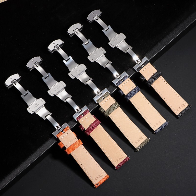 Butterfly Buckle Nylon Leather Watch Strap Canvas Quick Release Wrist Band 20 22