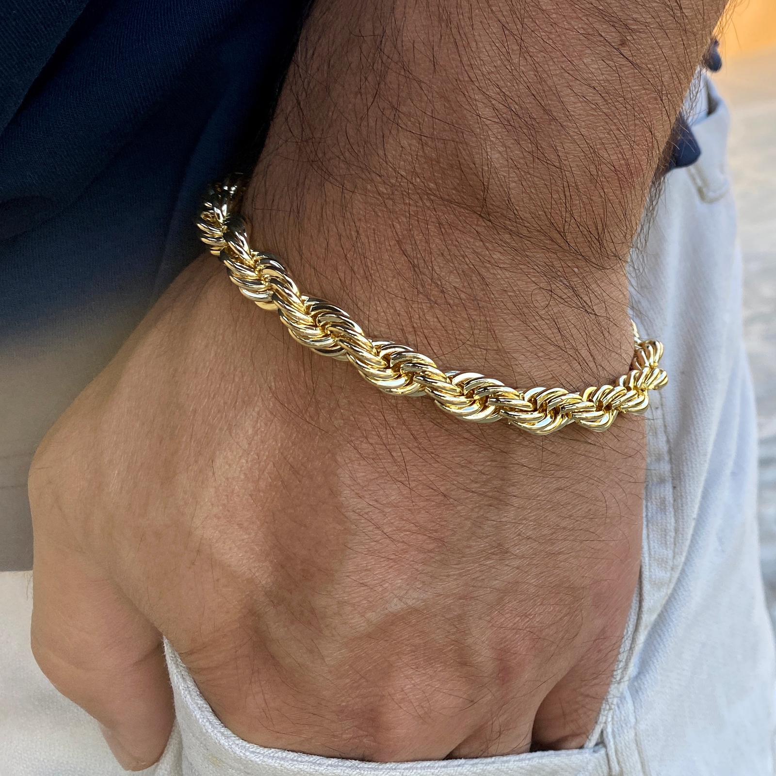 14K Gold Plated Rope Chain Hip Hop Bracelet Twisted Braided 3-8mm Thick 8″-9″ In