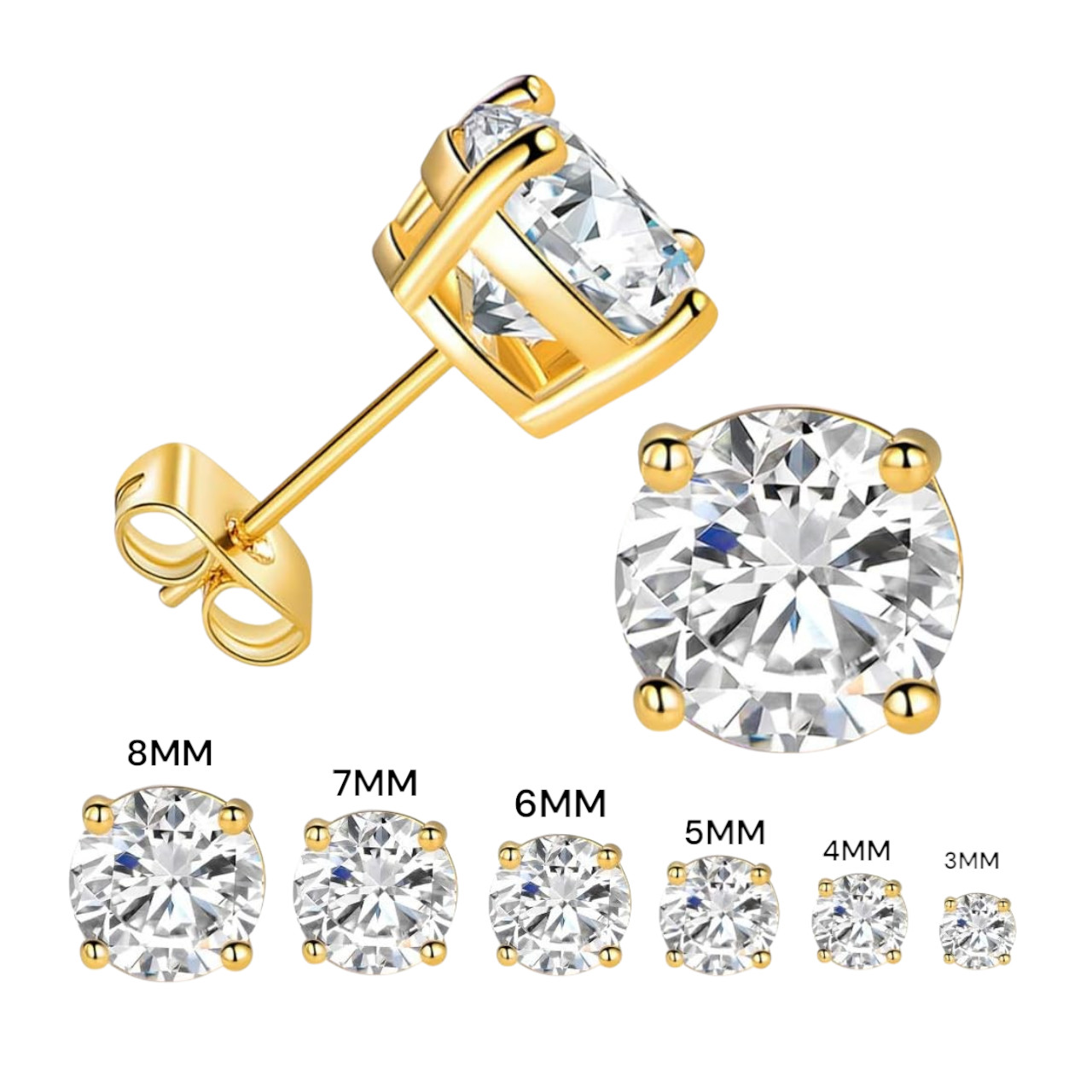 14k Gold 4-Prong Basket Round Setting Cubic Zirconia Stud Earrings 2mm-8mm
