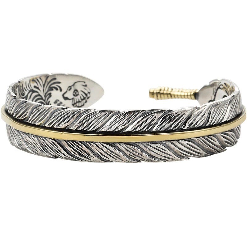 Women Men Retro Vintage 925 Sterling Gold Silver Feather Cuff Bangle Bracelet US