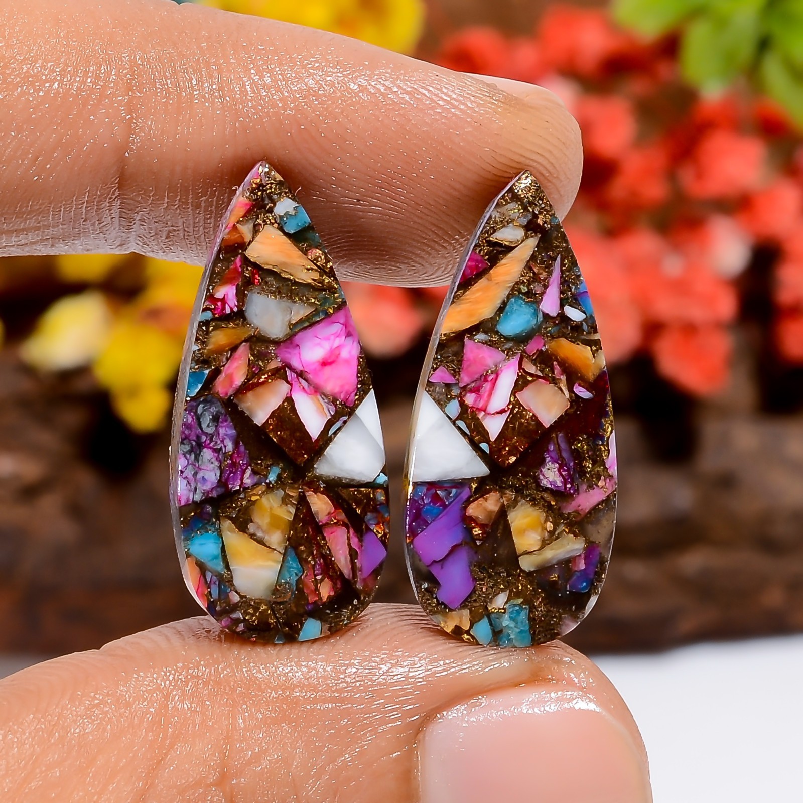 Natural Bi-Color/Multicolor Spiny Copper Oyster Turquoise Pear Matched Pair