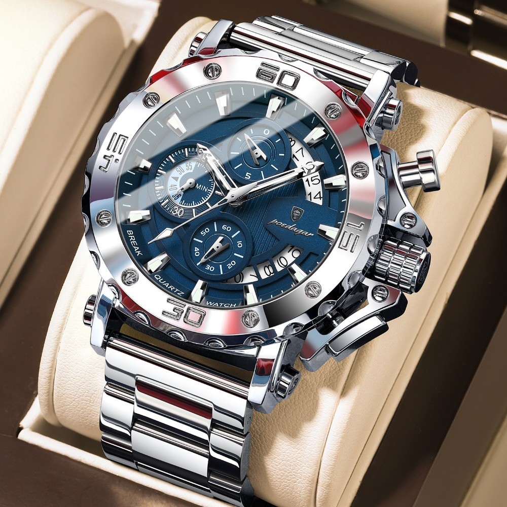 POEDAGAR Luxury Men’s Calendar Luminous Waterproof Stainless Steel Quartz Watch