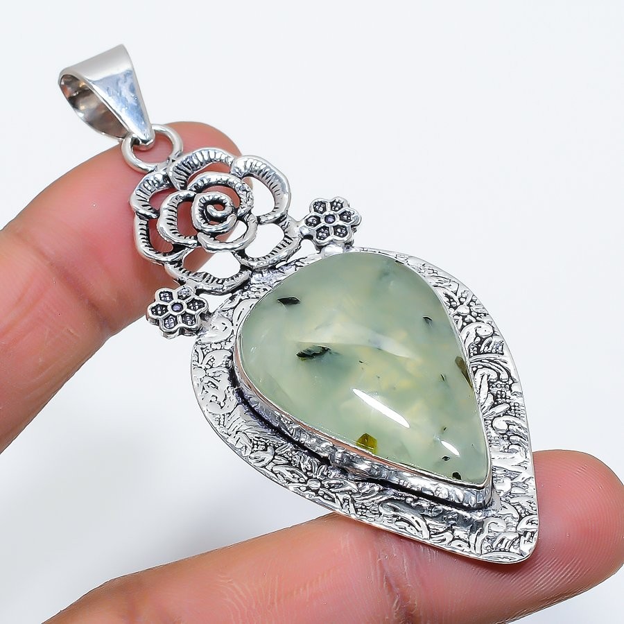 Prehnite Gemstone Handmade 925 Sterling Silver Jewelry Pendant 2.96″ n731
