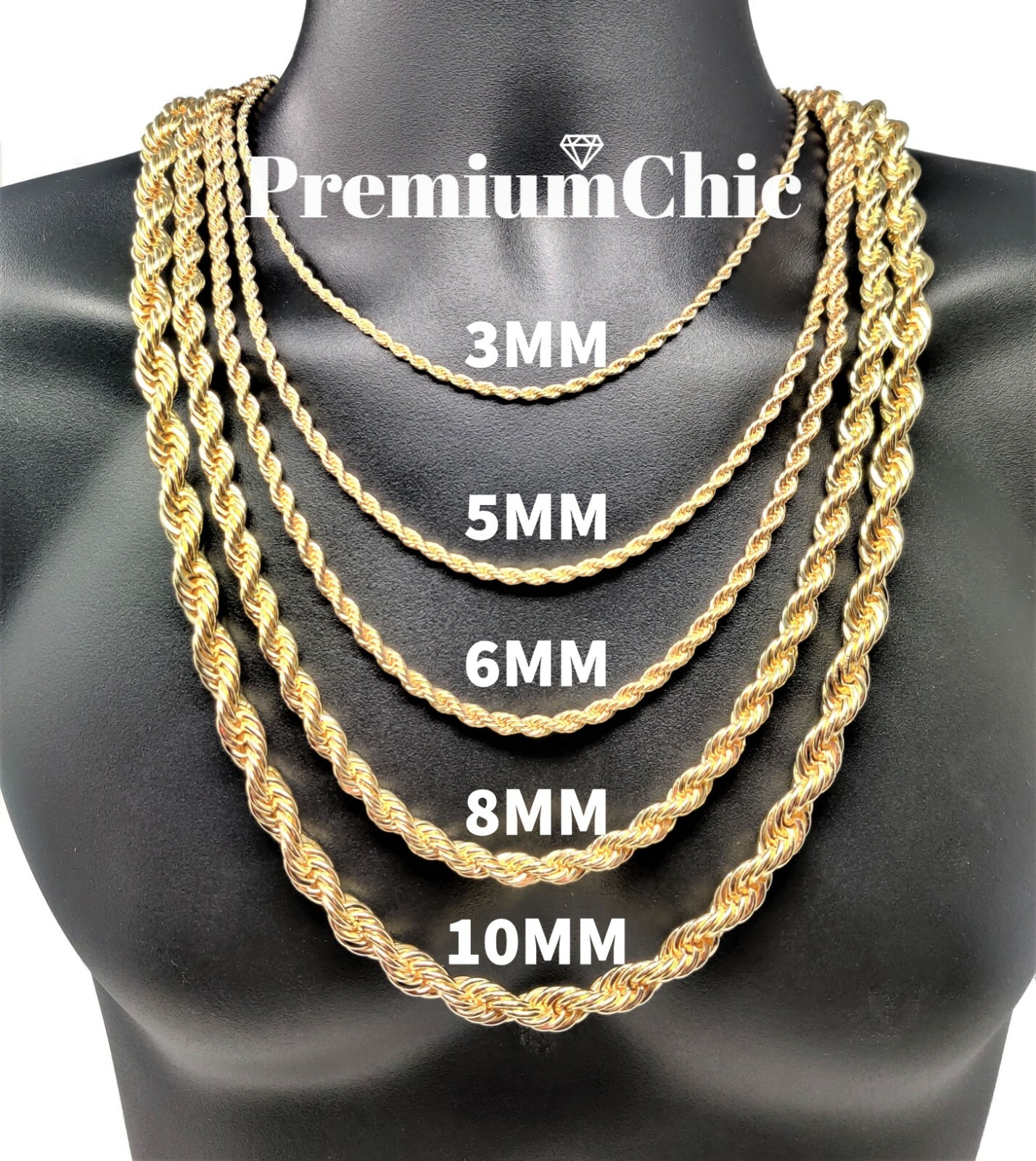 Rope Chain Necklace 3mm to 10mm 16″ to 30″ 14K Gold Plated Mens Hip Hop Jewelry