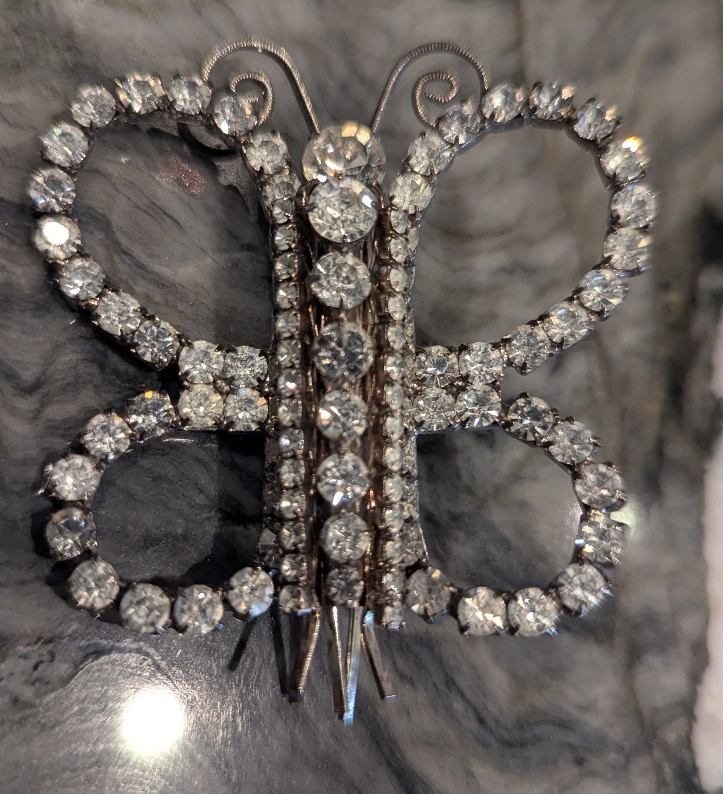Antique Butterfly Brooch w Removable Hairpins Foil Back Strass Paste…