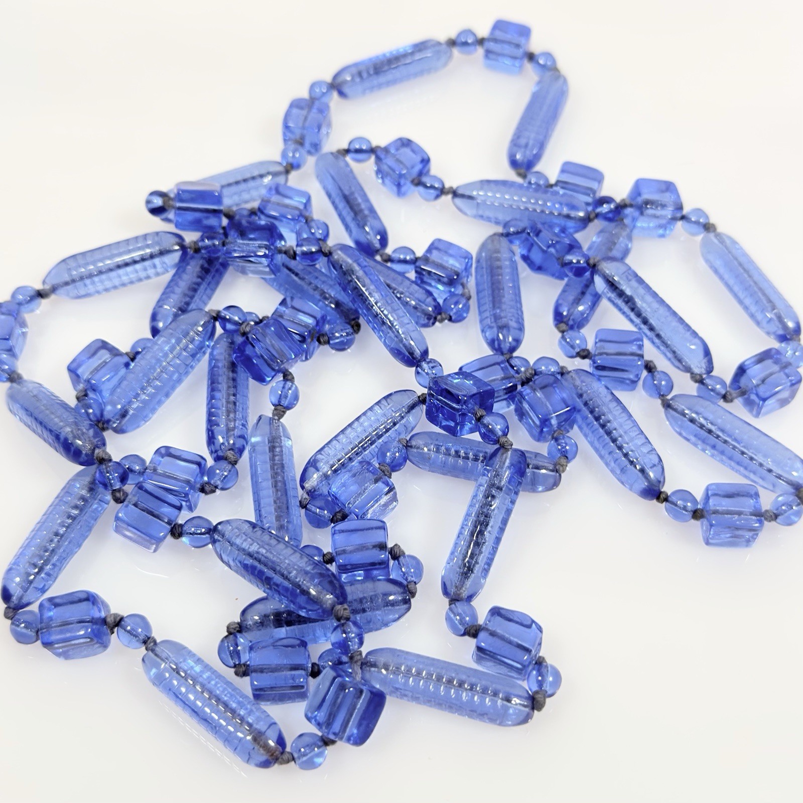 Antique Art Deco Necklace Cobal Blue Tubular Czech Glass Beaded 58″