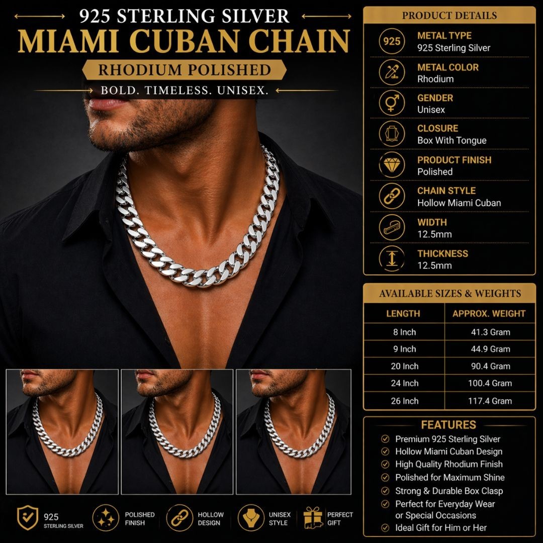 925 Sterling Silver Miami Cuban Link Chain Mens Necklace Bracelet 12.5mm Wide