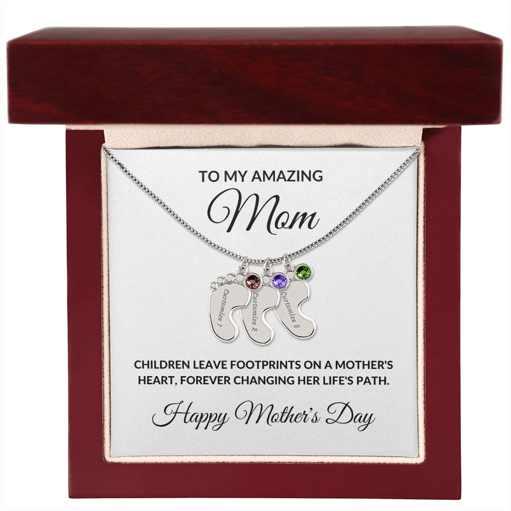 Mother’s Day Personalized Engraved Birthstone Necklace Baby Feet Gift for Mom