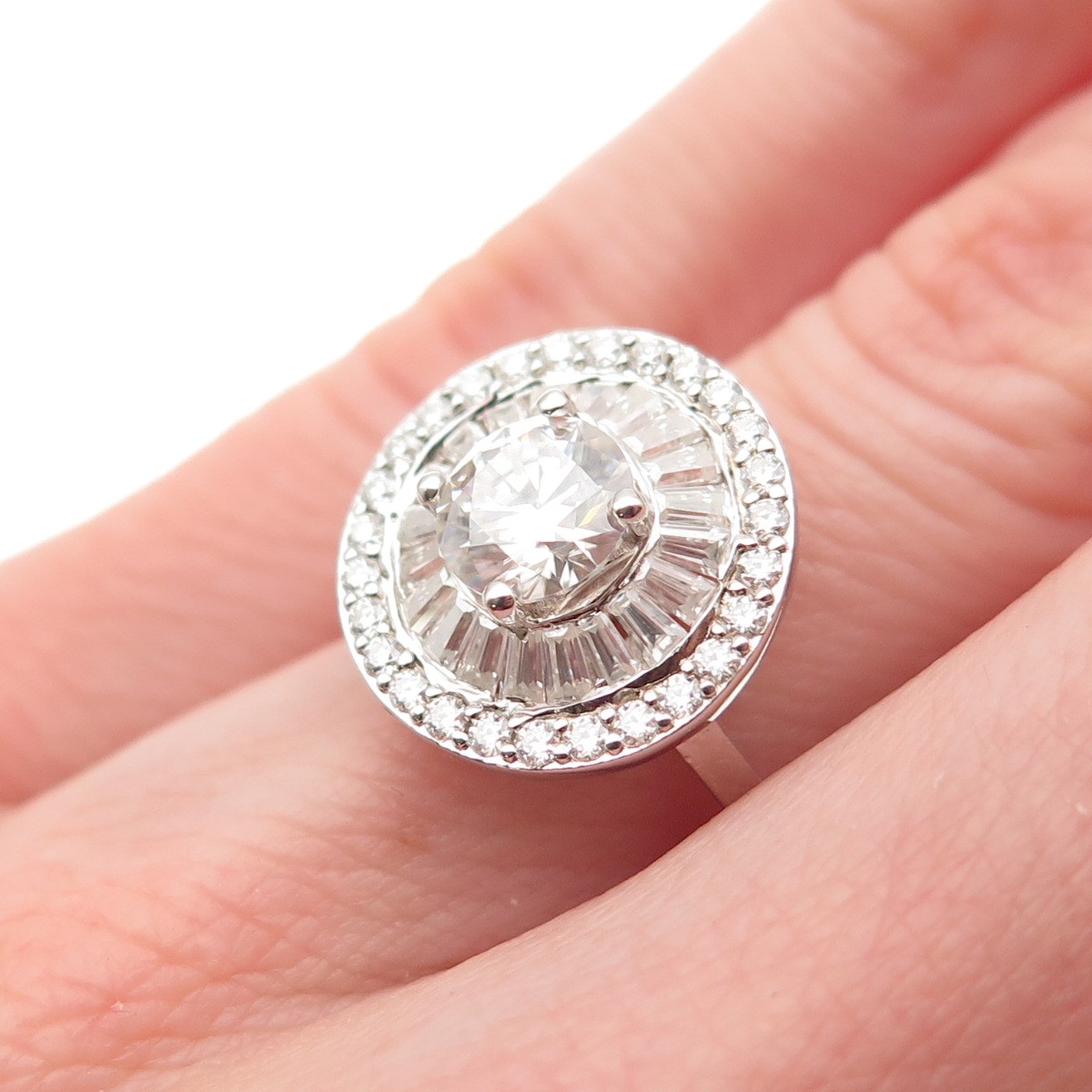 D’JOY Sterling Silver Real Round & Tapered Baguette-Cut Moissanite Ring Size 5